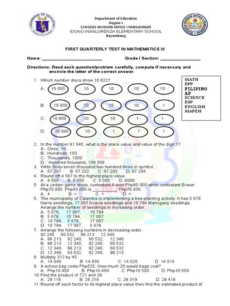 , 4th Periodical Tests, classroom assessment, GRADE 1 - 4TH PERIODICAL TEST, GRADE 1. . Grade 8 periodical test answer key